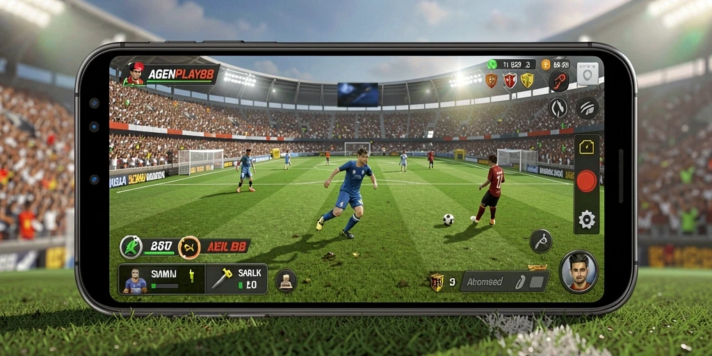 Screenshot gameplay AGENPLAY88 menampilkan aksi bermain sepak bola yang seru.