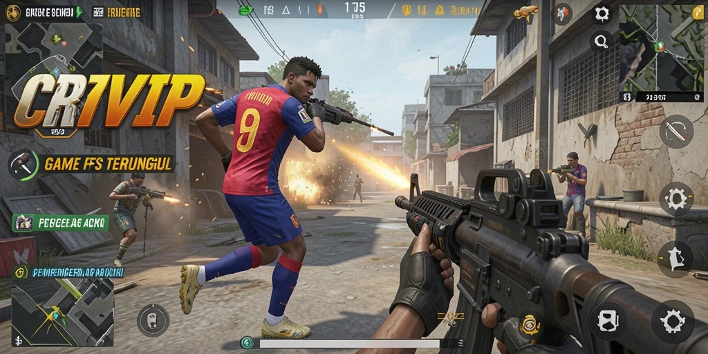 Tangkapan layar gameplay CR7VIP menampilkan aksi mendebarkan di medan perang.