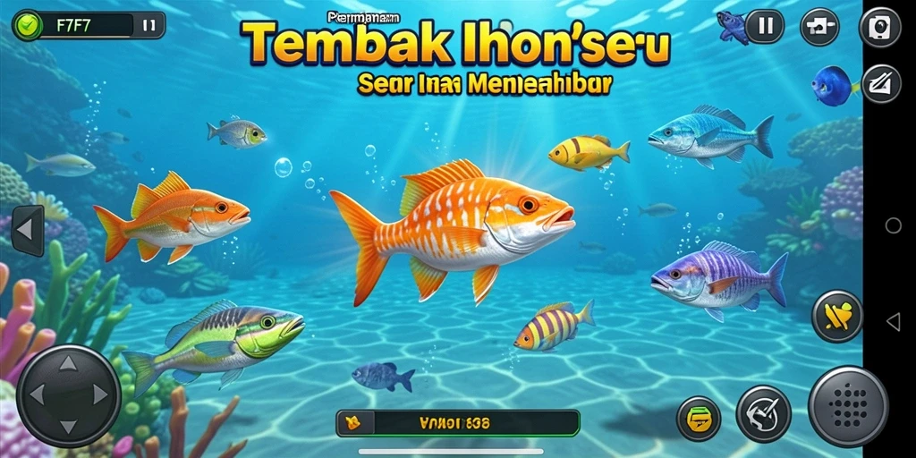 Screenshot gameplay F7F7 menampilkan aksi menangkap ikan dengan senjata canggih.