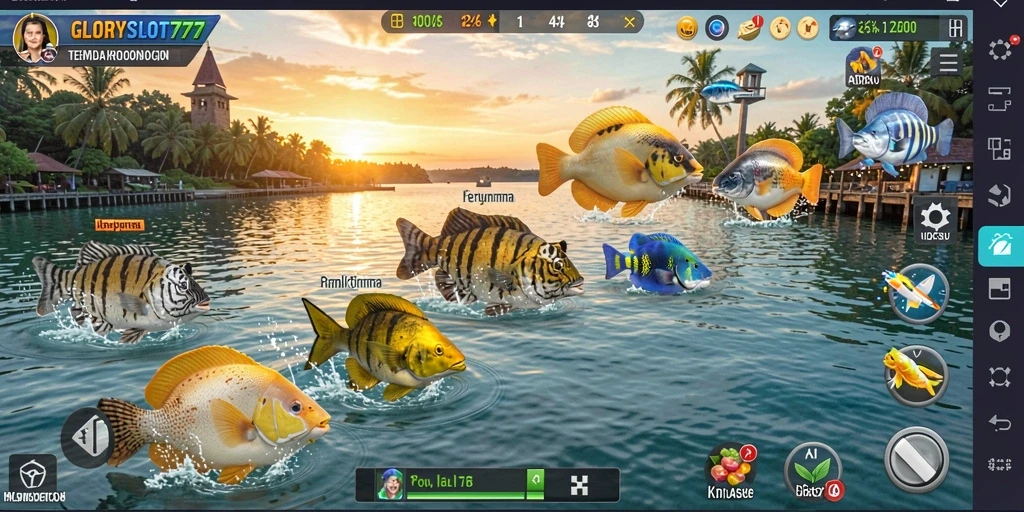 Screenshot gameplay seru GLORYSLOT777 saat menembak ikan.