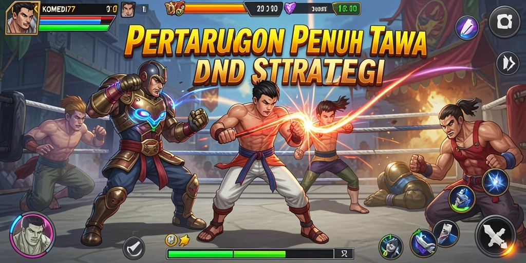 Screenshot utama KOMEDI77 menampilkan pertarungan seru dengan karakter yang menghibur.