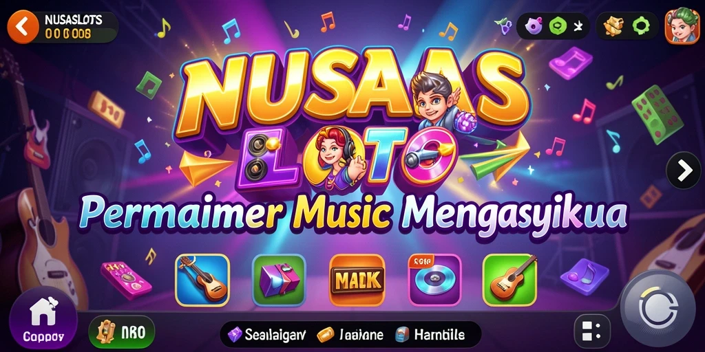 Screenshot utama NUSASLOTS menunjukkan gameplay penuh warna dengan alunan musik.