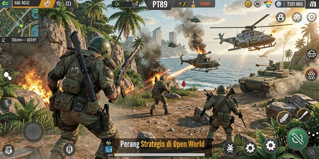 Screenshot gameplay PT89 menampilkan pertarungan mendebarkan di dunia terbuka.