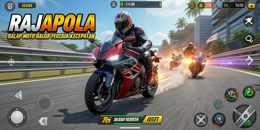 Gameplay seru RAJAPOLA dengan motor balap yang cepat dan lintasan menantang.