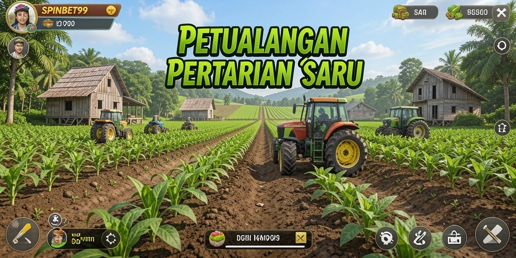 Tampilan gameplay SPINBET99 dengan ladang pertanian yang subur.