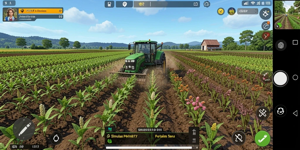 Tangkapan layar gameplay SR877 menampilkan kebun yang makmur dan aktivitas panen.