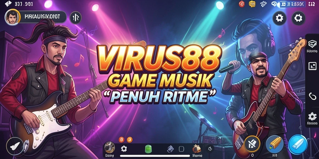 Tampilan gameplay <strong>VIRUS88</strong> dengan berbagai alat musik dan level tantangan.