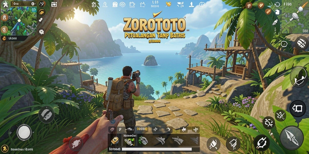Screenshot gameplay ZOROTOTO menunjukkan misi menantang dalam dunia terbuka.